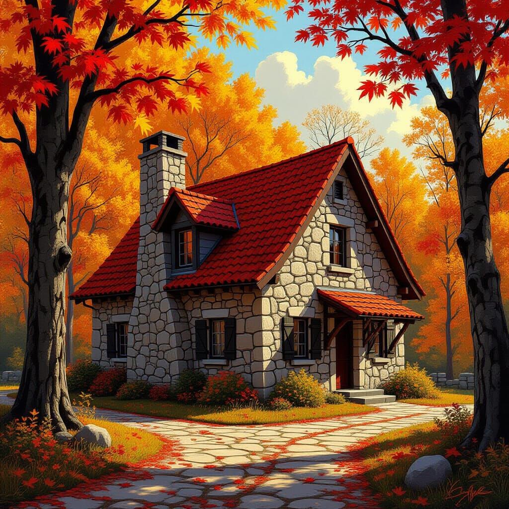 Autumnal Stone House in Impressionist Painting Style