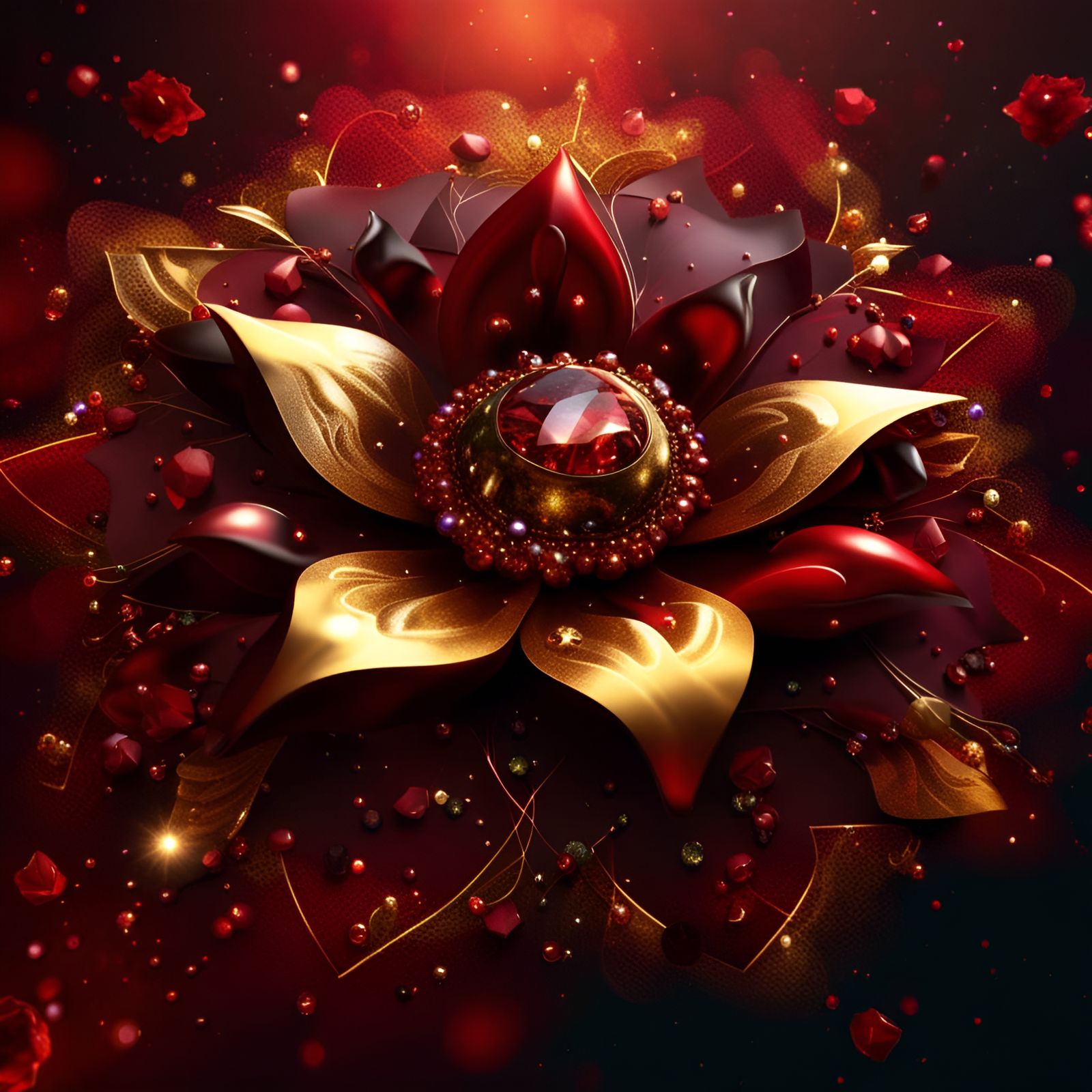 Gold and Red Gemstone Flower in Detailed Matte Painting