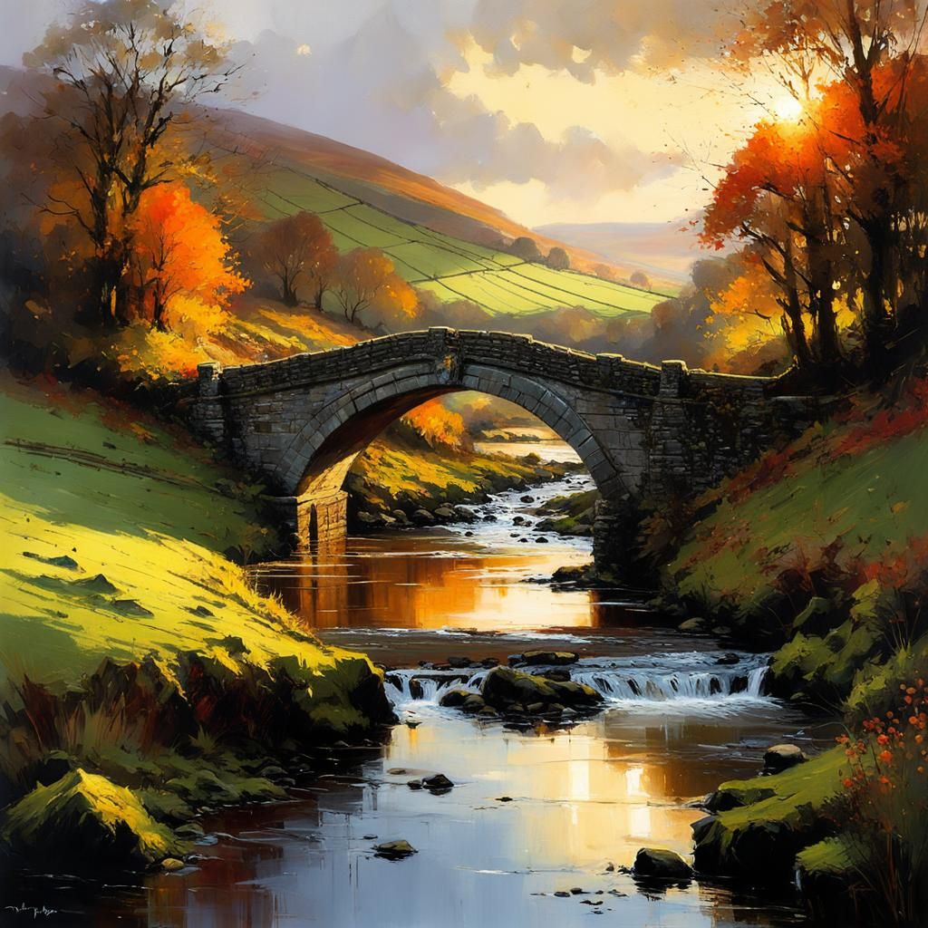 Yorkshire Stone Bridge Sunset: Matte Painting Style