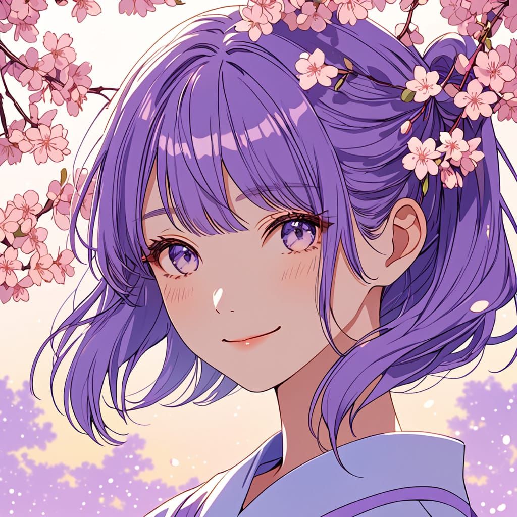 Anime Girl with Vibrant Purple Hair in a Serene Pastel Lands...