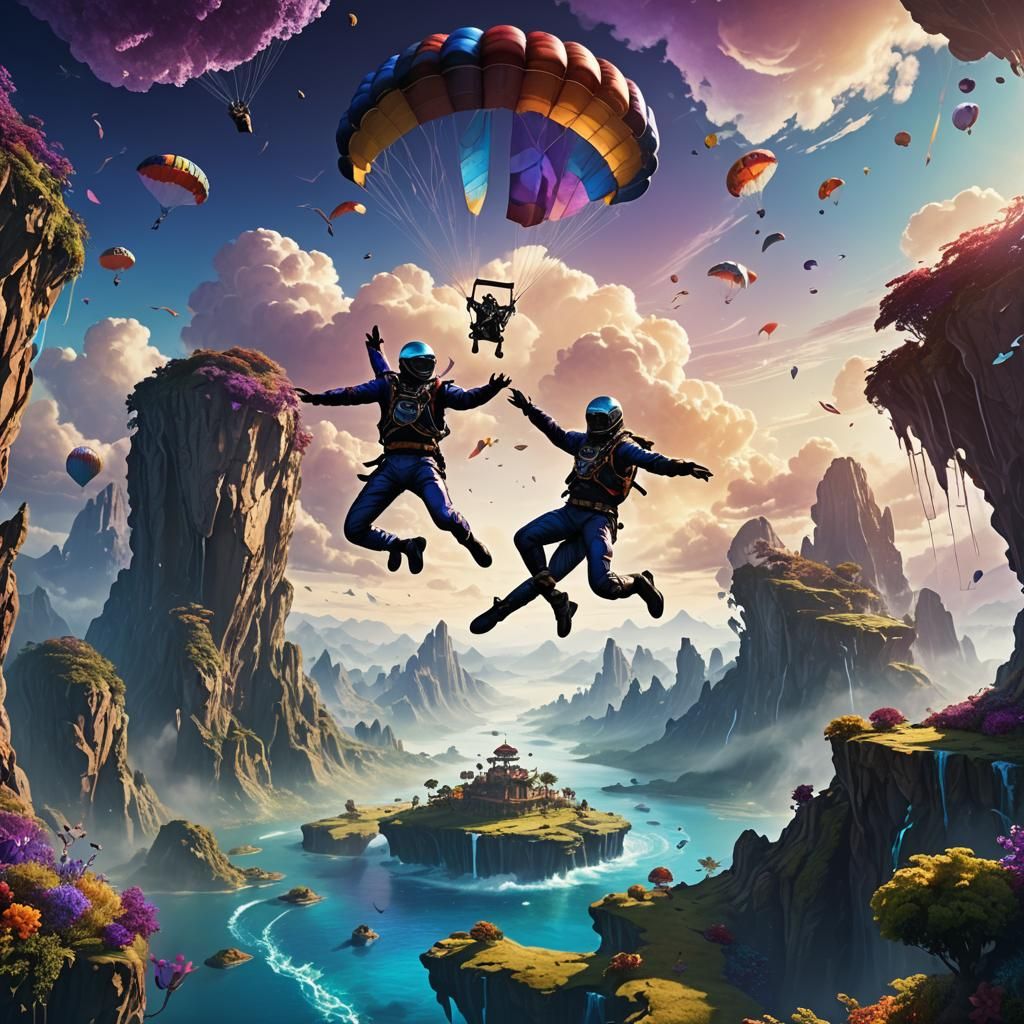 Skydiver Leaps from Floating Island: Matte Painting