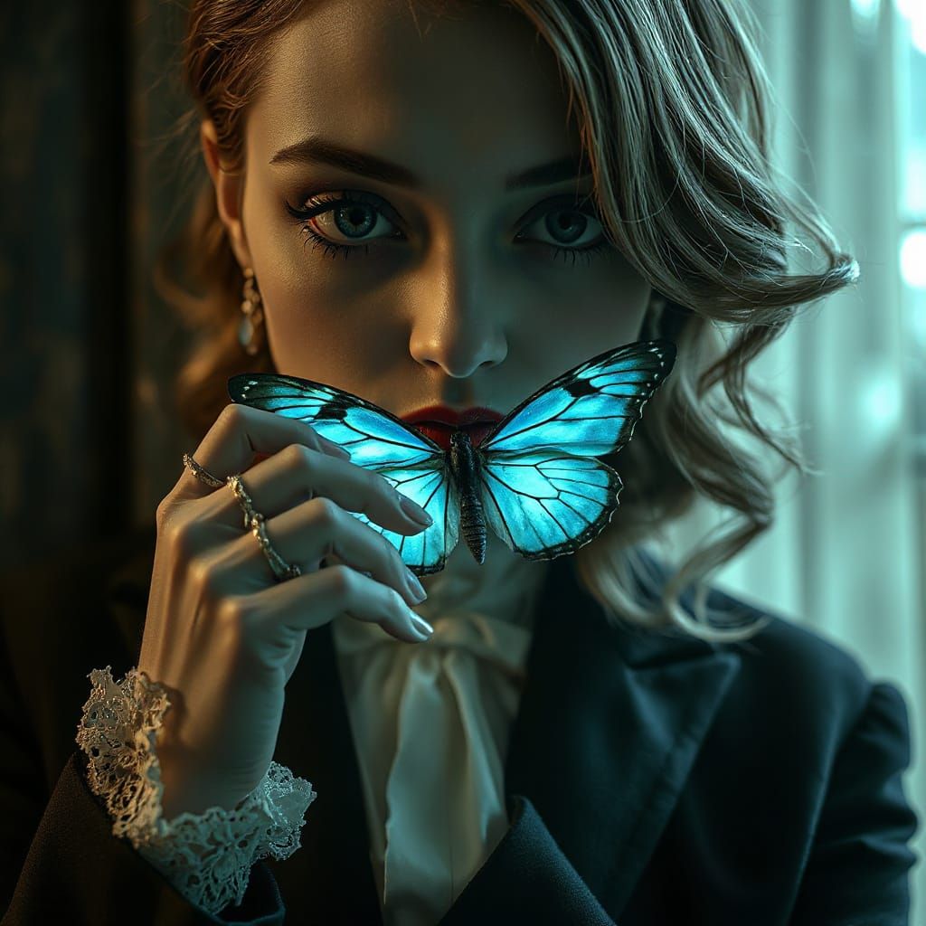 Vampire Woman with Bioluminescent Butterfly in Victorian Sty...