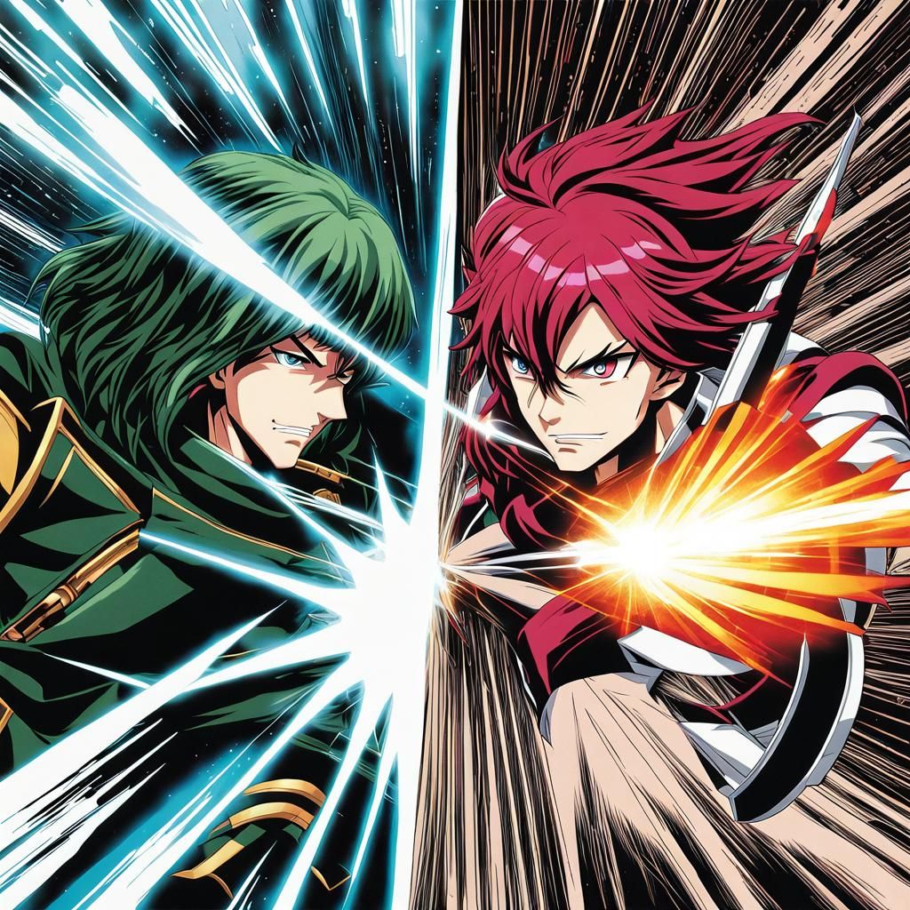 Retrofuturistic Anime Battle in Comic Book Style