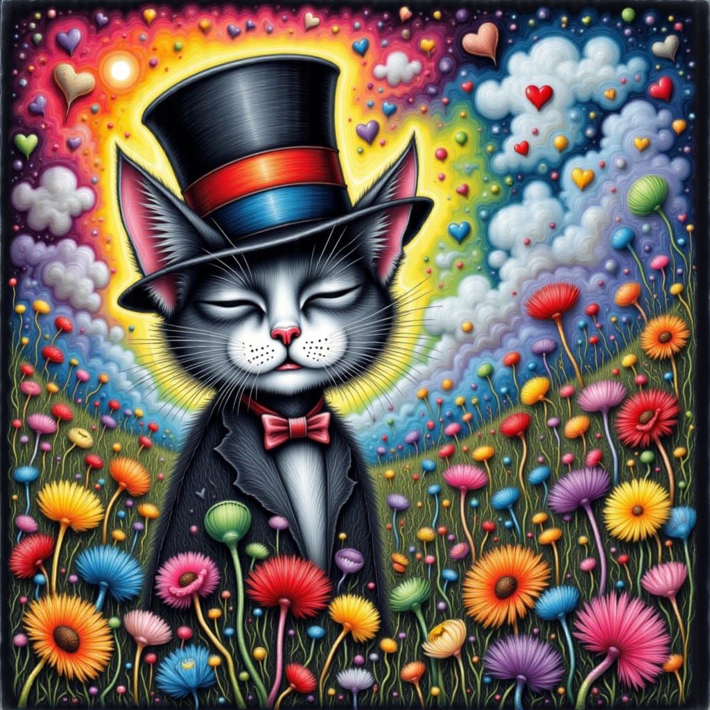 Cat in Top Hat Dandelion Dreamscape, Blending Styles