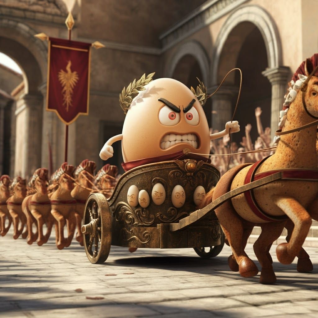 Furious Egg Emperor Parades in Bronze Chariot