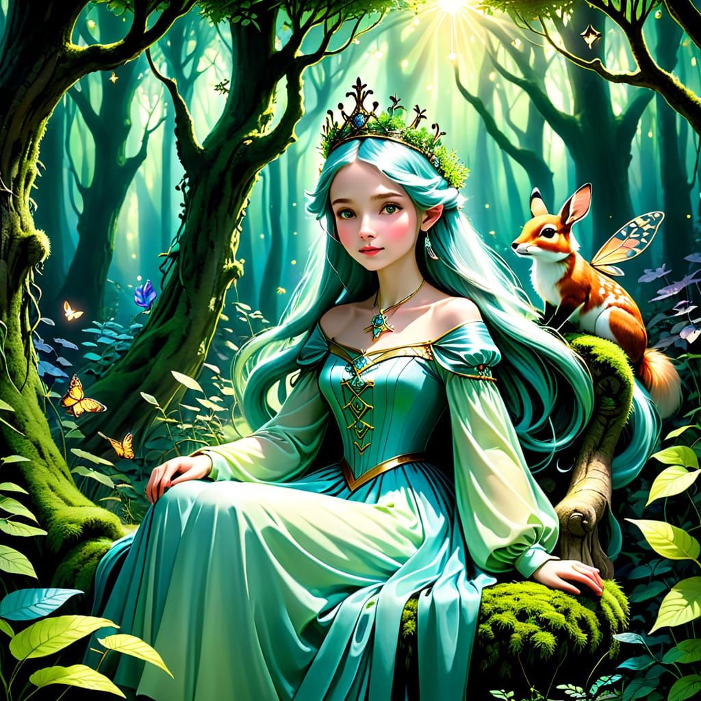 Whimsical Watercolor Enchantress in a Forest Glade