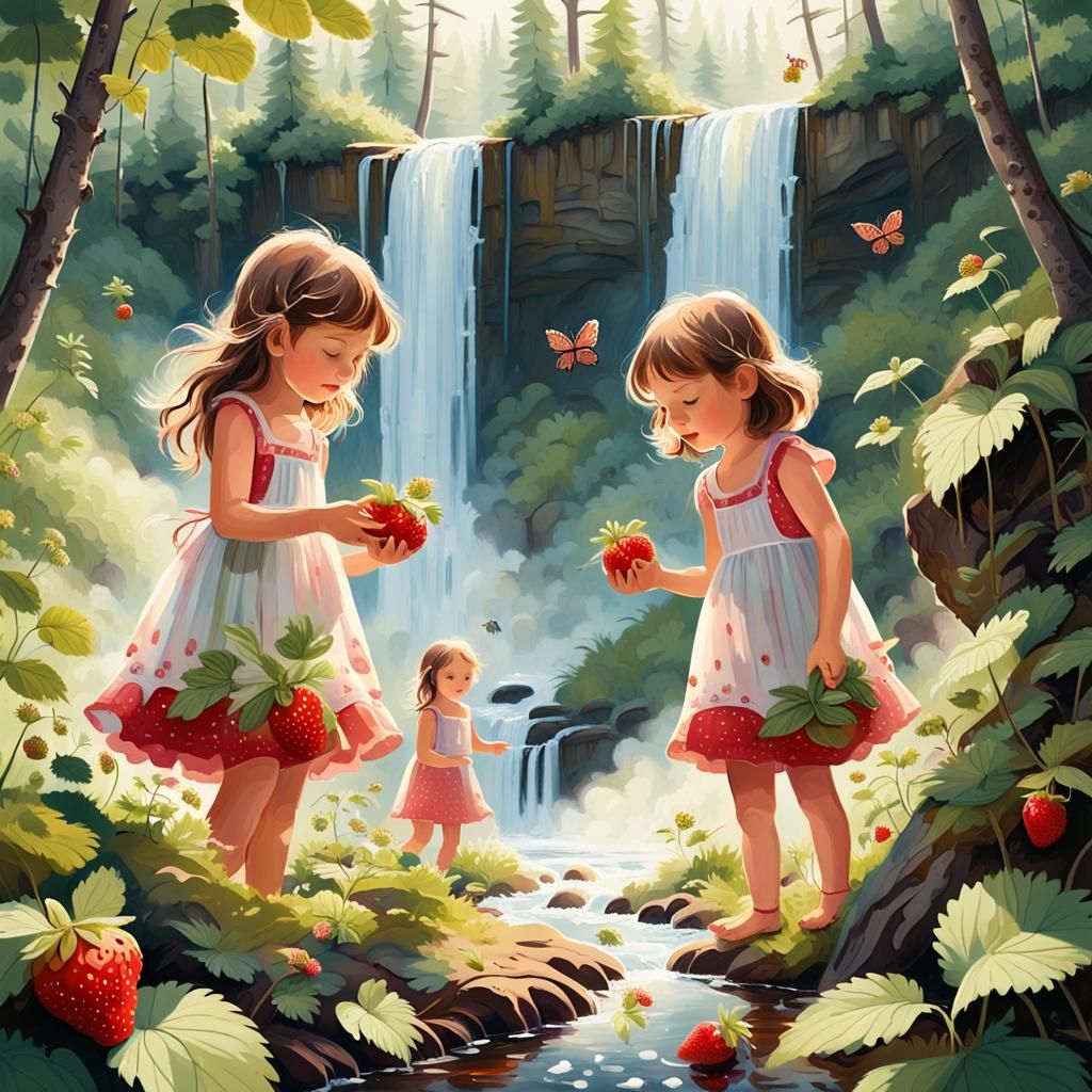 Whimsical Children Picking Strawberries: Dreamy Oil Painting