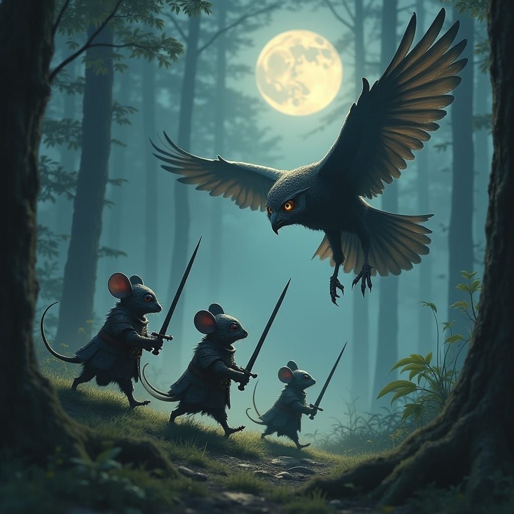 Fanciful Mice Knights Clash with Dark Owl