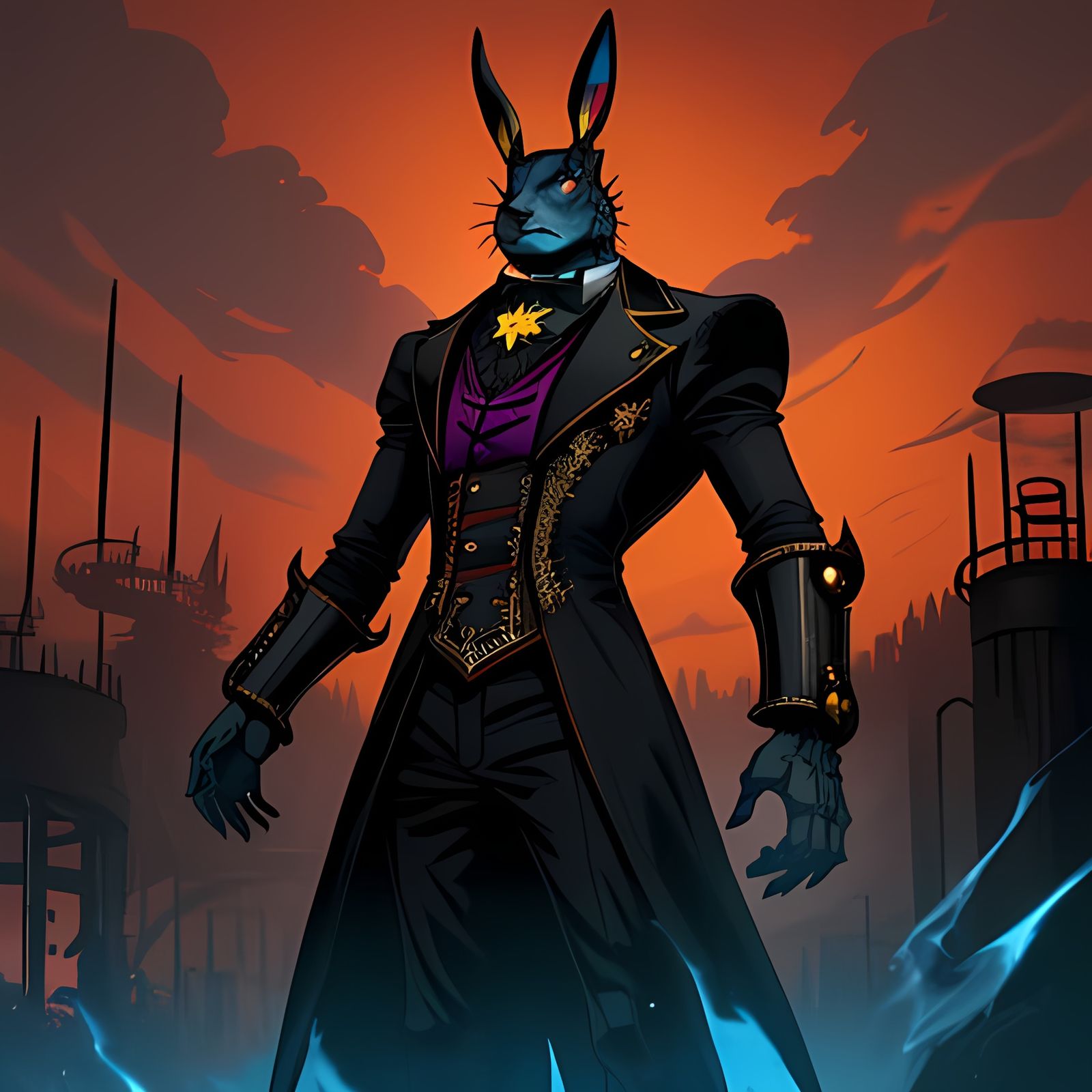Steampunk Villainous Bunny in a Hellish Landscape