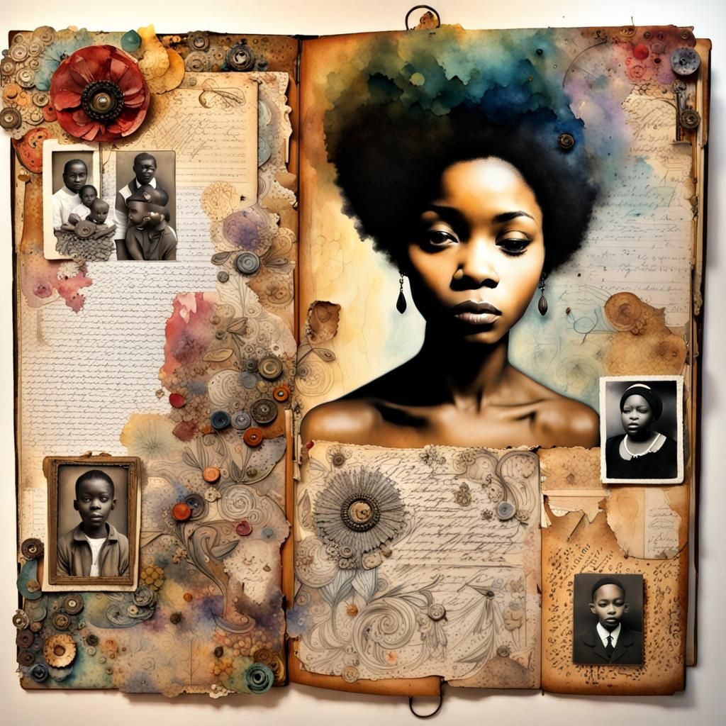 Scrapbook Page with Family Photos in Watercolor Ink Style