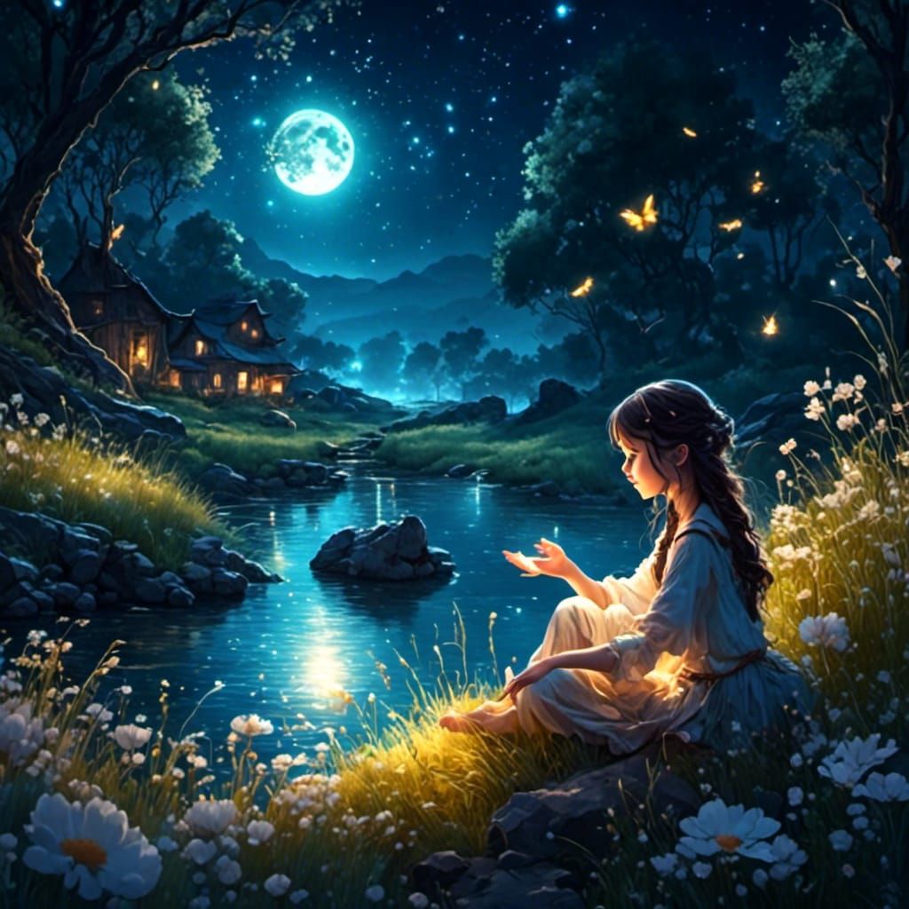 Girl by River at Night with Animals