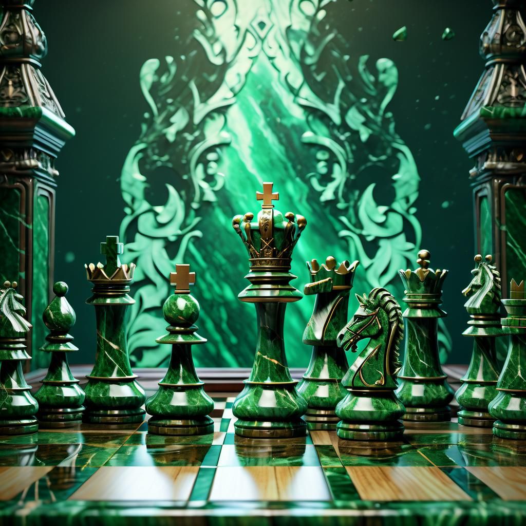 Ornate Green Marble Chess Set: 3D Rendered