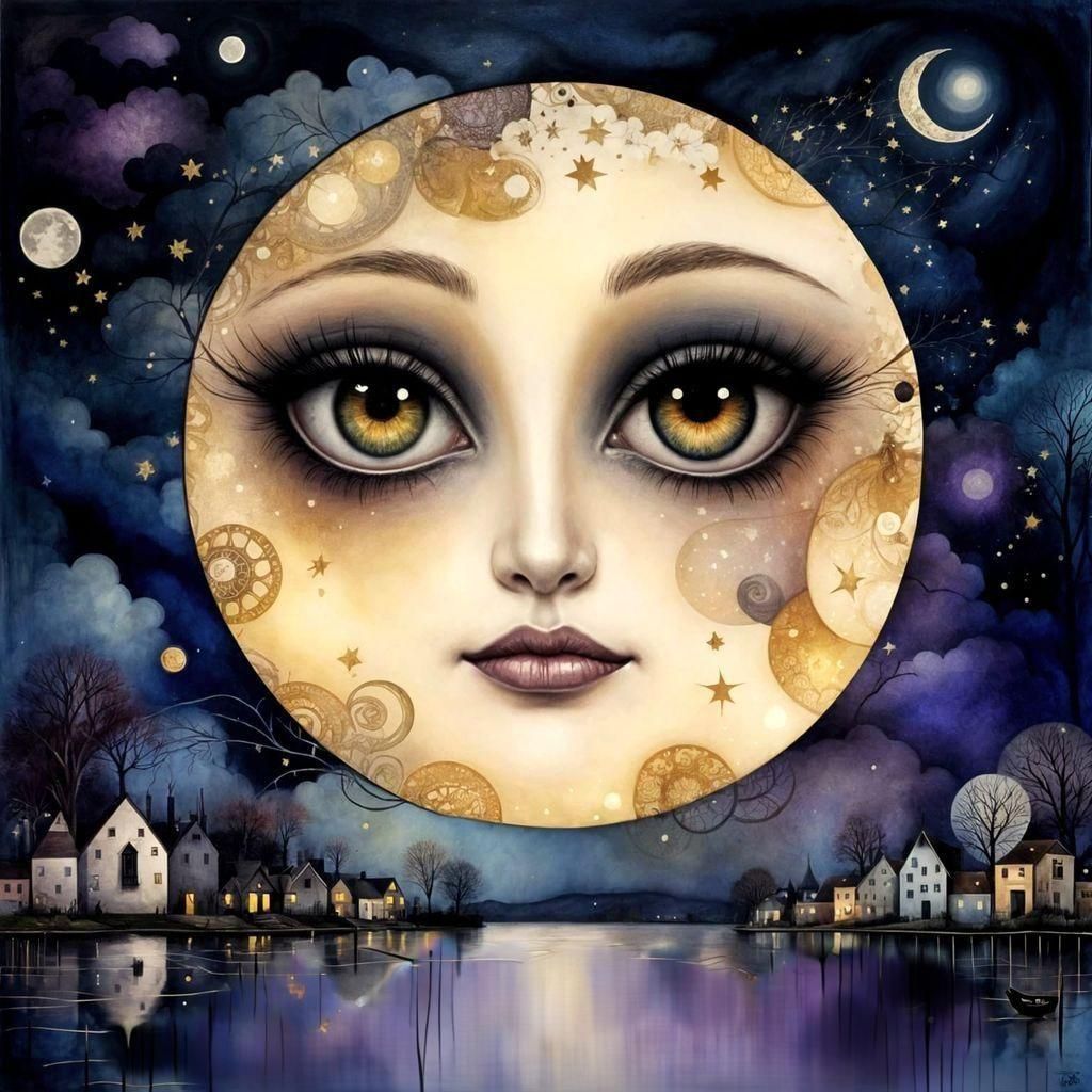 Smiling Woman in Moonlit Village: Art Brut Style