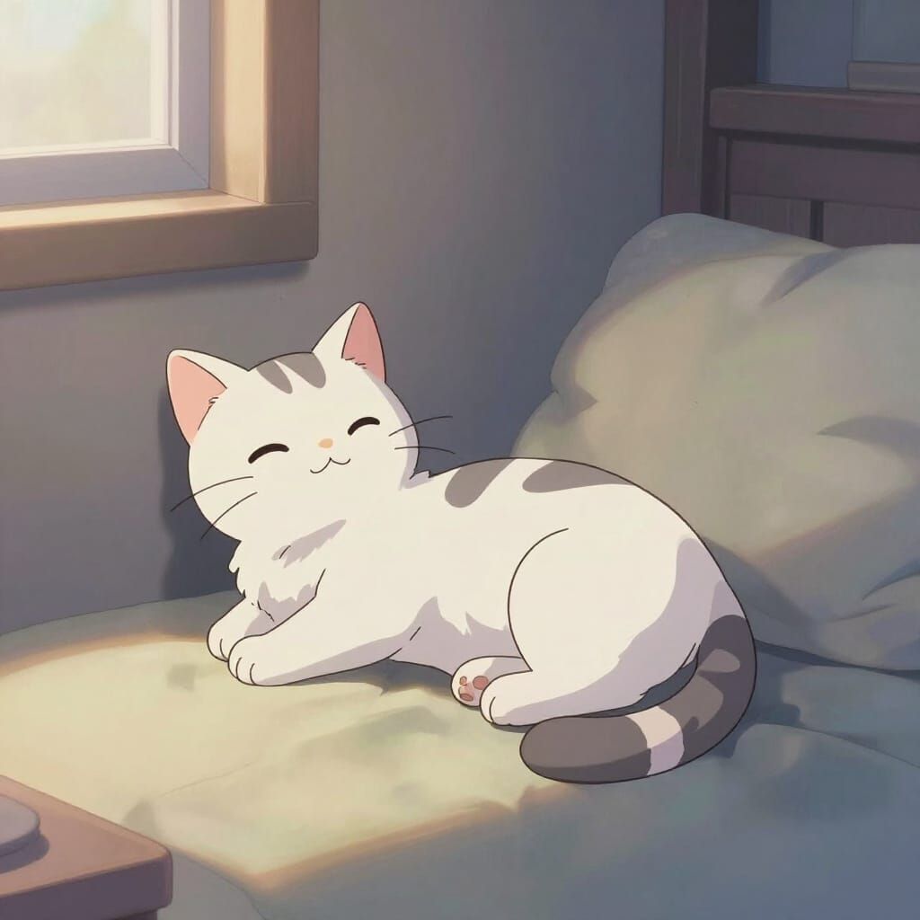 Cozy Lofi Cat Scene in Pastel Anime Style