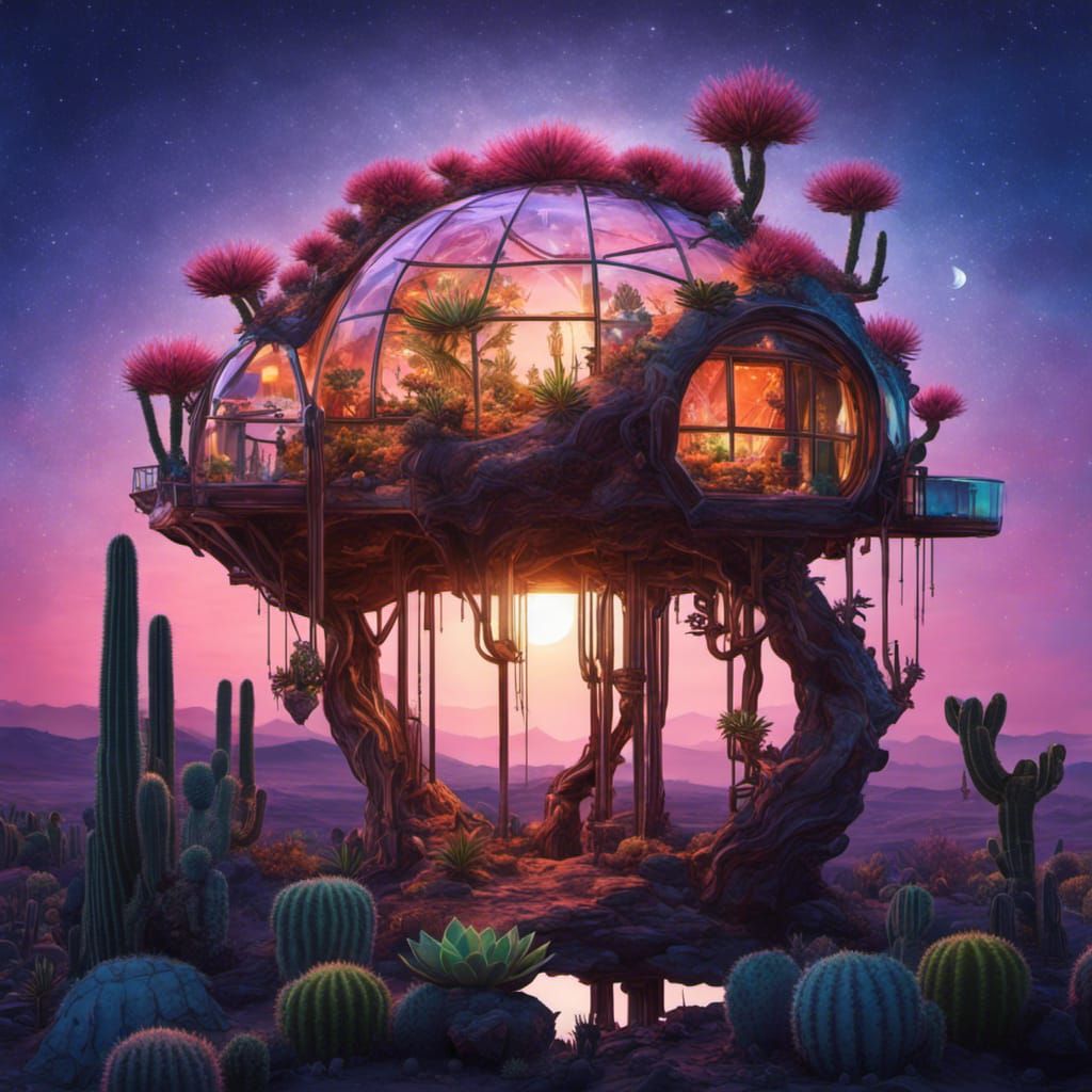 Cyberpunk Desert Cactus Treehouse Under Starry Sky