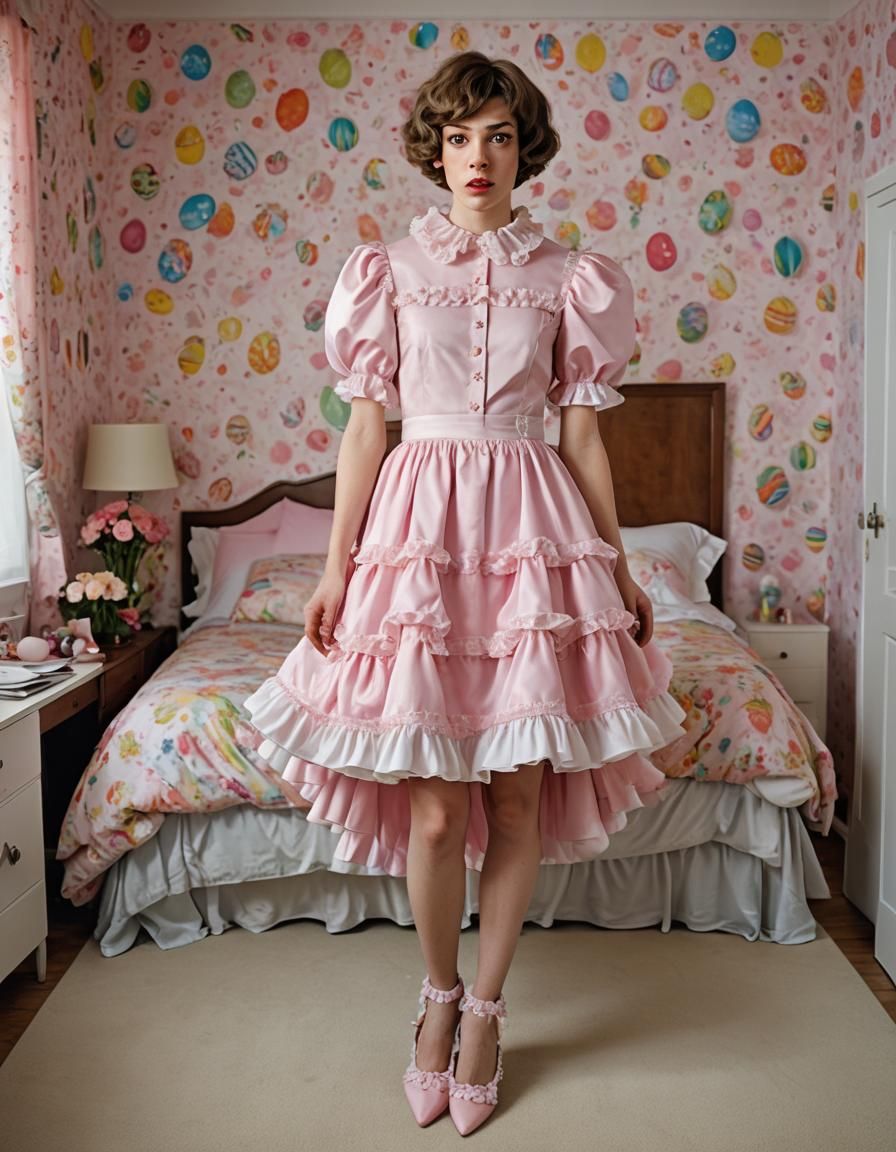 Surprised Young Man Crossdressing in Frilly Dress