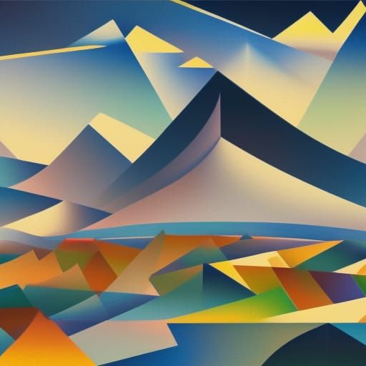 Misty Mountain Landscape in Cubist Art Deco Style