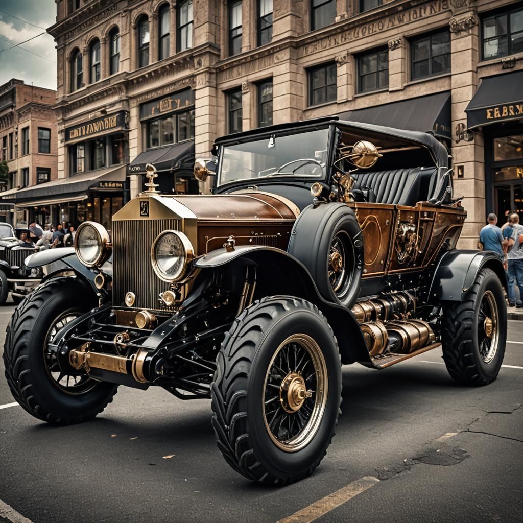 Steampunk Rolls Royce Monster Truck on City Street