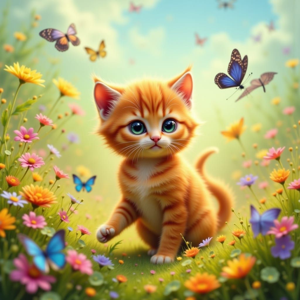 Adorable CGI Kitten Chasing Butterflies in Wildflower Meadow