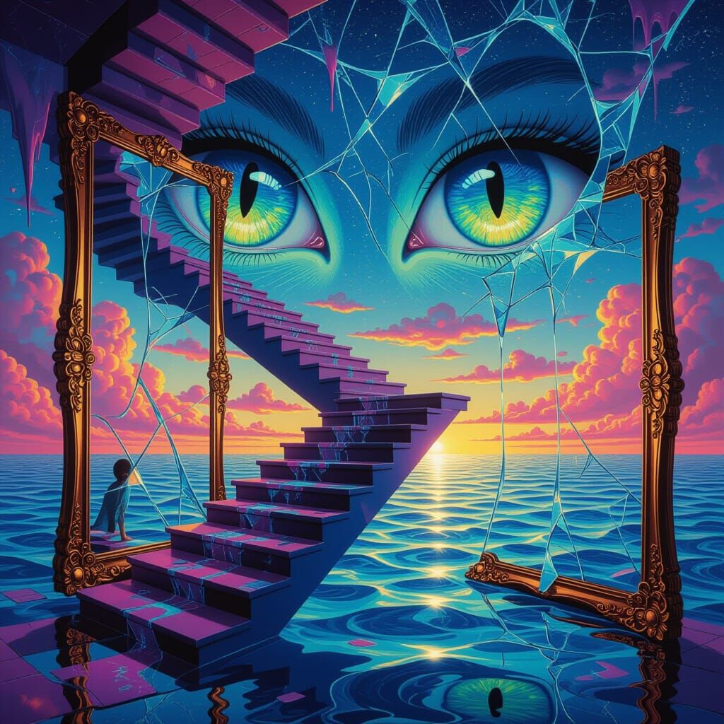 Surreal Dreamscape with Floating Staircases in Psychedelic S...