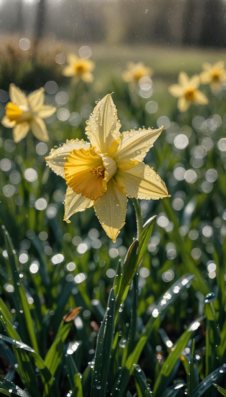 Dew Soaked Daffodil in English Countryside