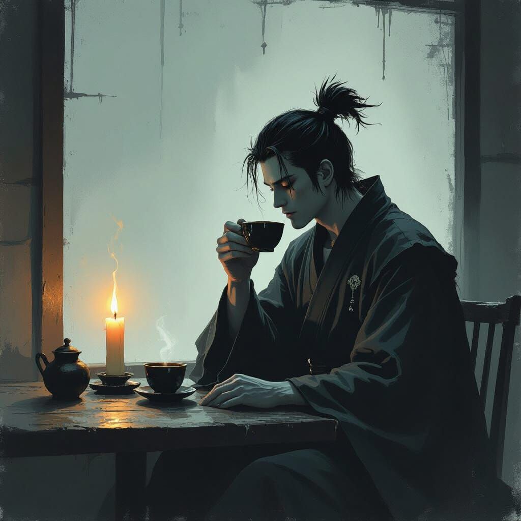 Brooding Jujutsu Sorcerer in Dimly Lit Teahouse