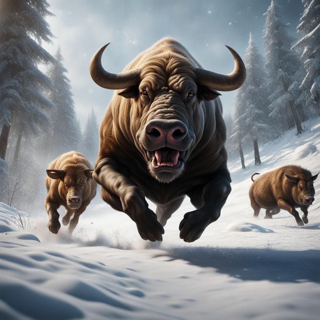 Bull Mastiff and Wild Pig Chase in Snow