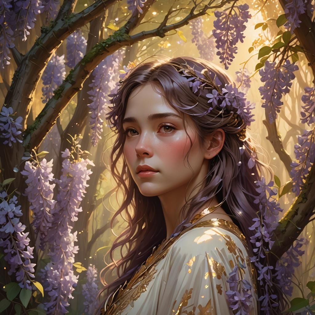Portrait in Wisteria Forest with Volumetric Lighting