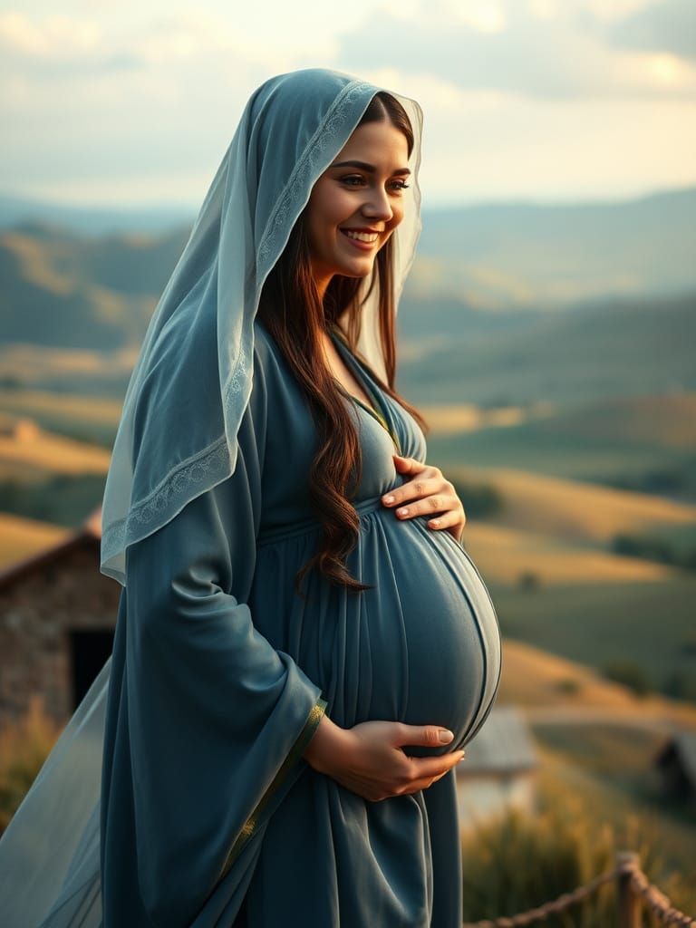 Pregnant Virgin Mary in Serene Landscape: Cinematic Film Sti...