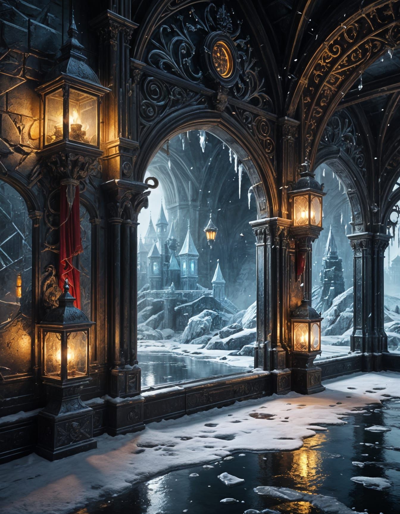 Mystical Frostpunk Castle Scene in Prismatic Light