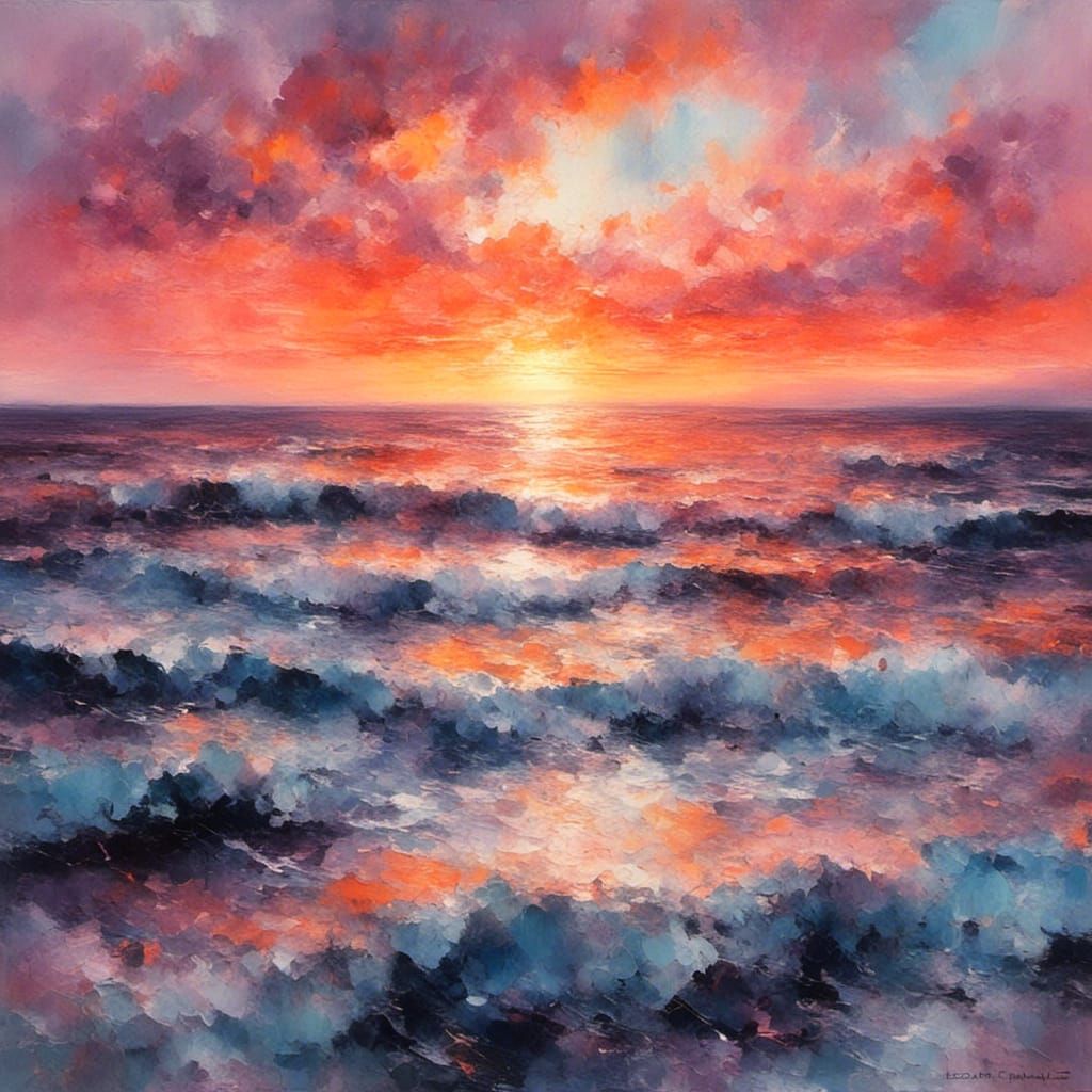 Serene Sunset Ocean Scene in Oil Painting Style