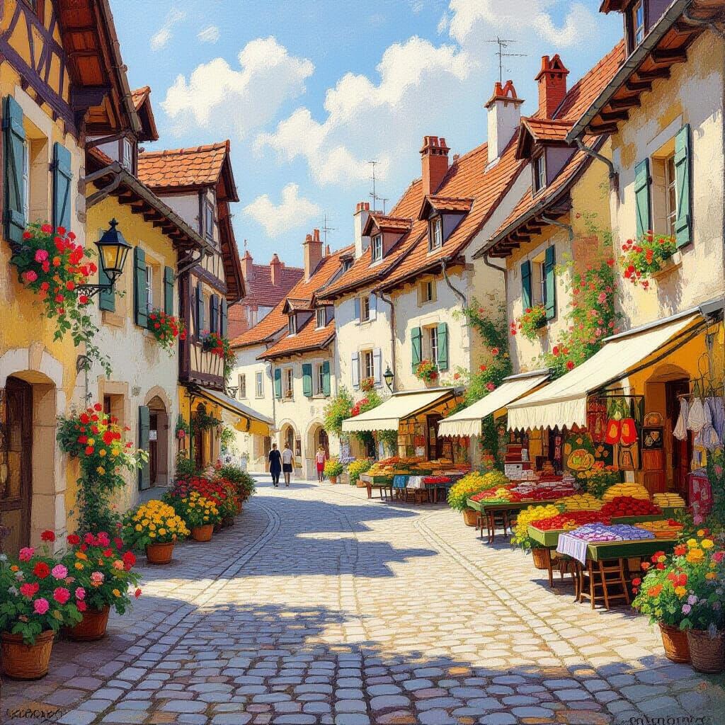 Charming Town Square in Impressionist Style