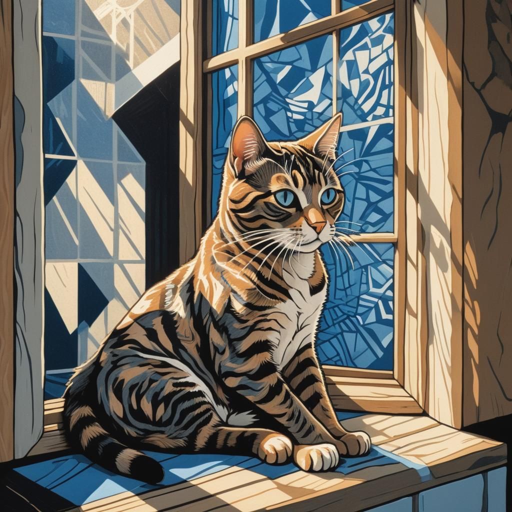 Tabby Cat in Window: Surreal Linocut Print