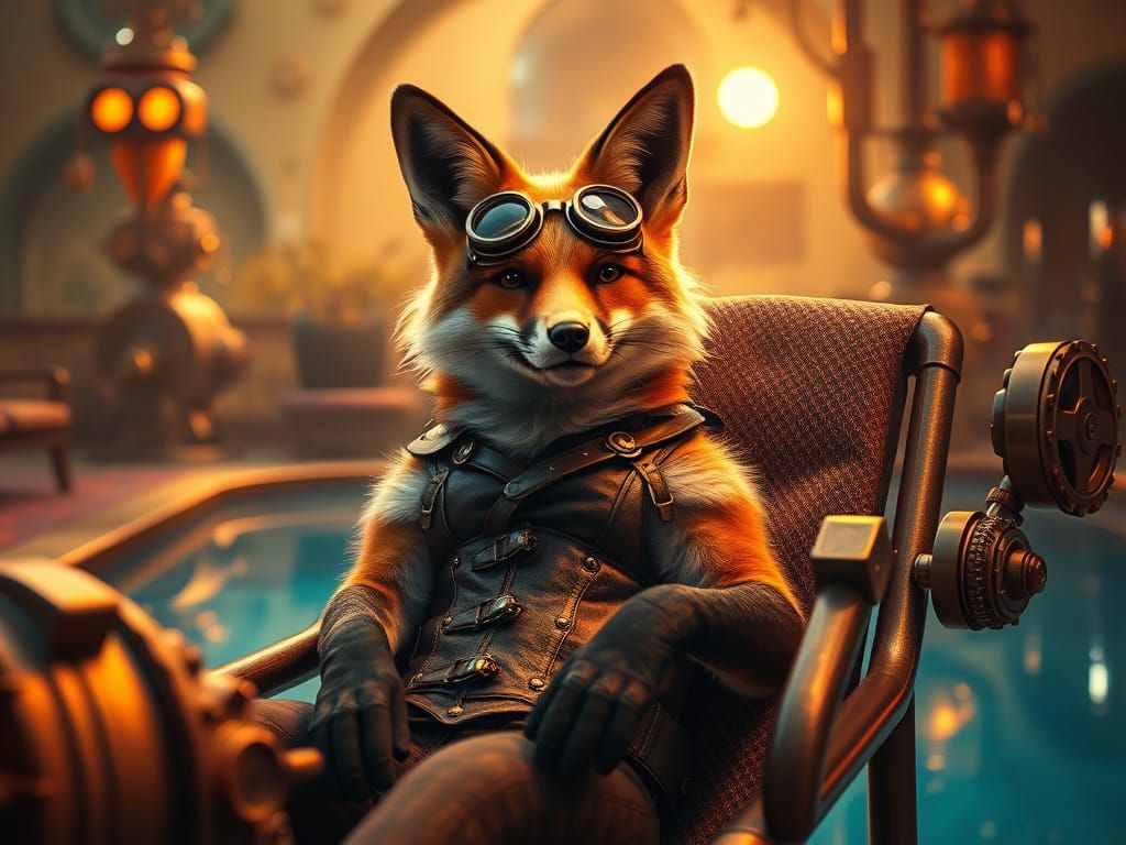 Steampunk Fox Lounging Poolside in Rich Lighting