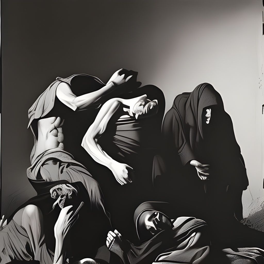 Survivors Huddled in Tent in Style of Caravaggio