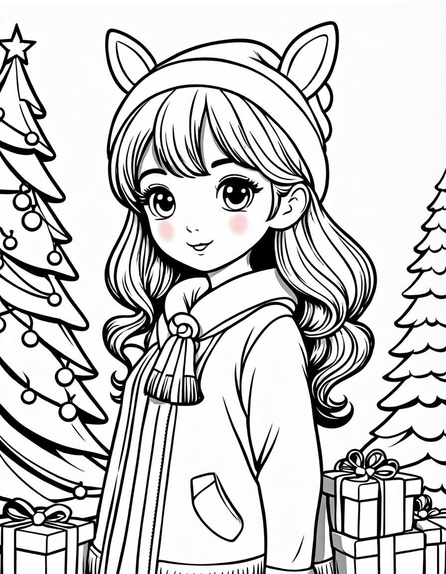 Kawaii Christmas Coloring Page in Cartoon Style
