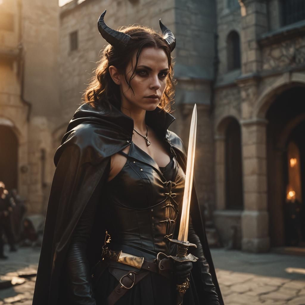 Dramatic Tiefling Bard in Golden Hour Light