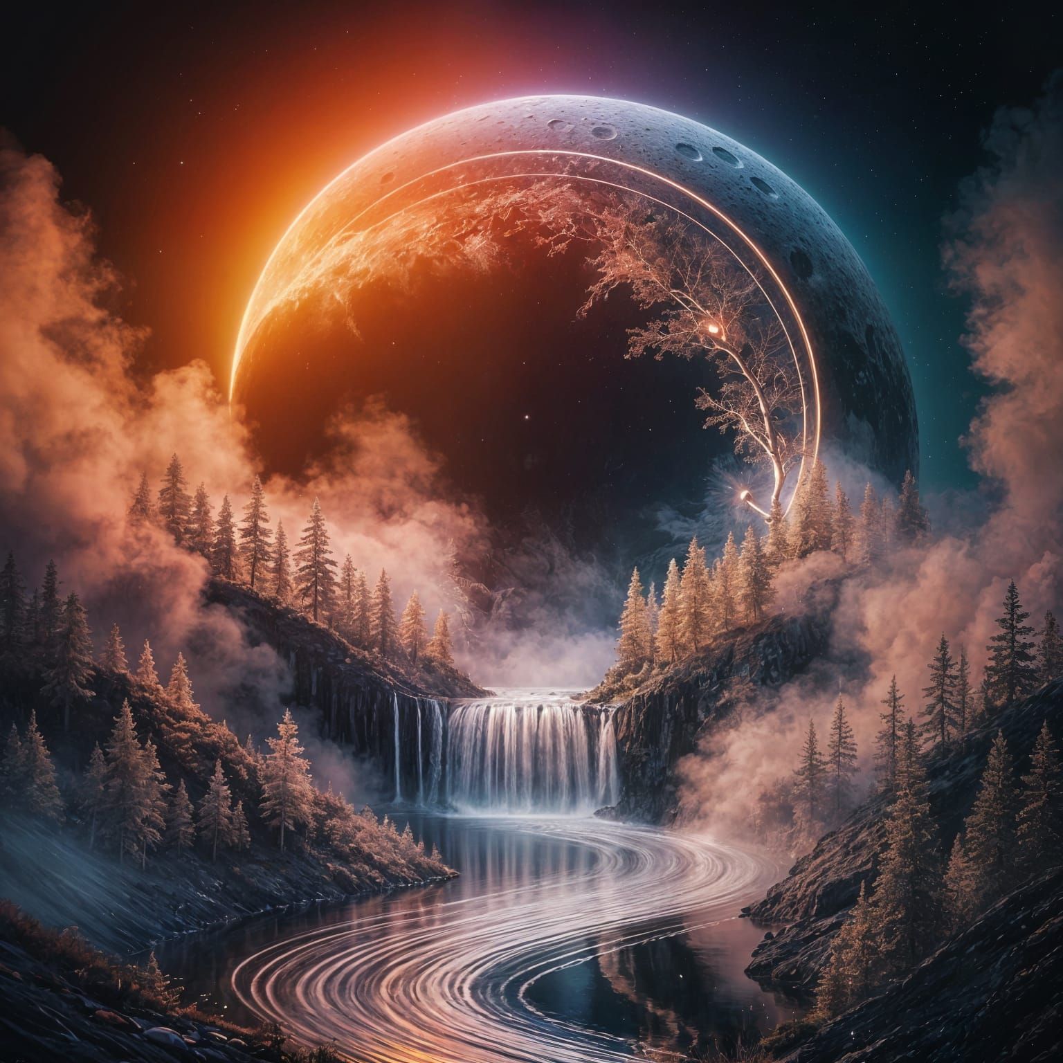 Fiery Crescent Moon Over Reflective River Landscape