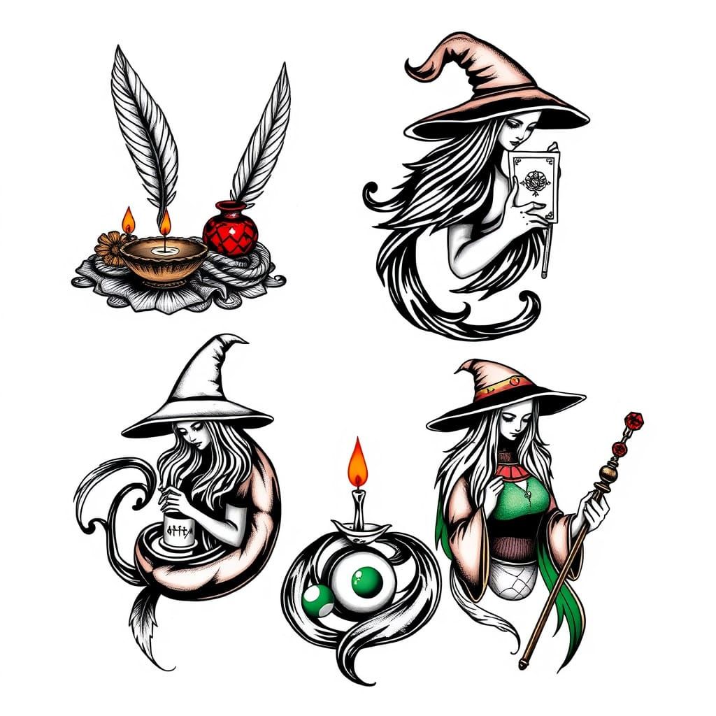 Mystical White Witch Tattoo Flash Sheet in Traditional Style