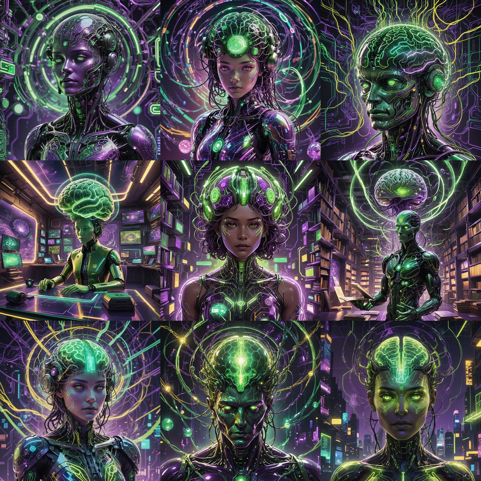 Transparent AI Figure with Green Brain in Futuristic Style