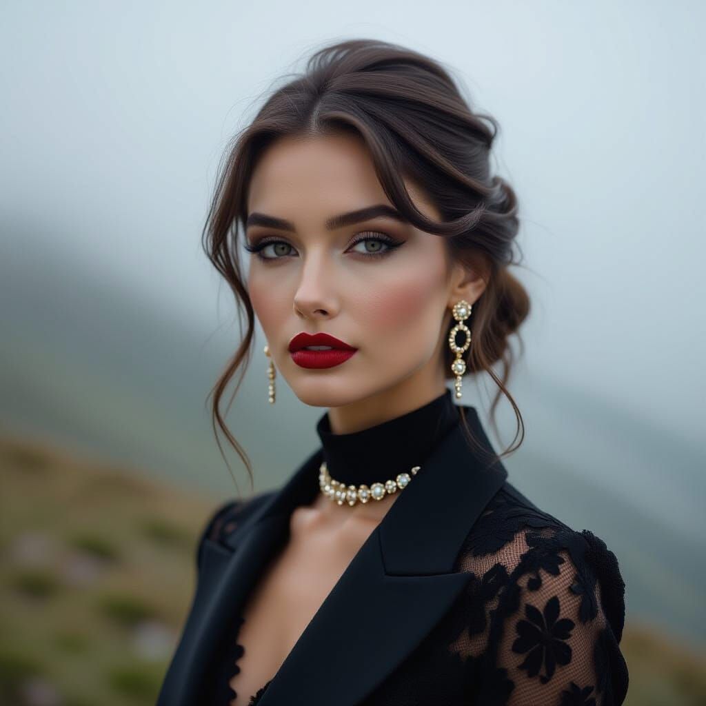 Elegant Woman in Foggy Mountains, High-Definition Portrait