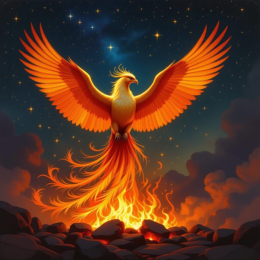 Majestic Phoenix Rises From Embers in Oil Painting Style