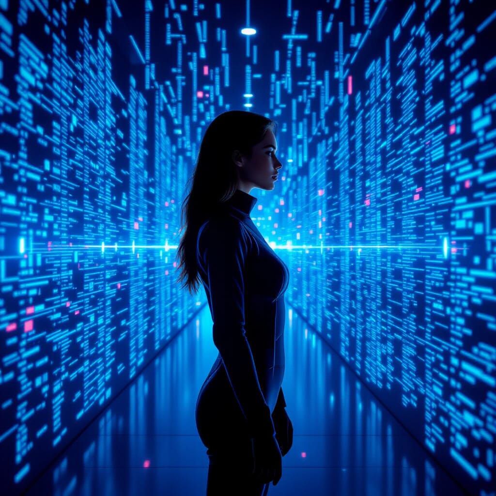 Woman in Futuristic Data Center with Holographic Streams