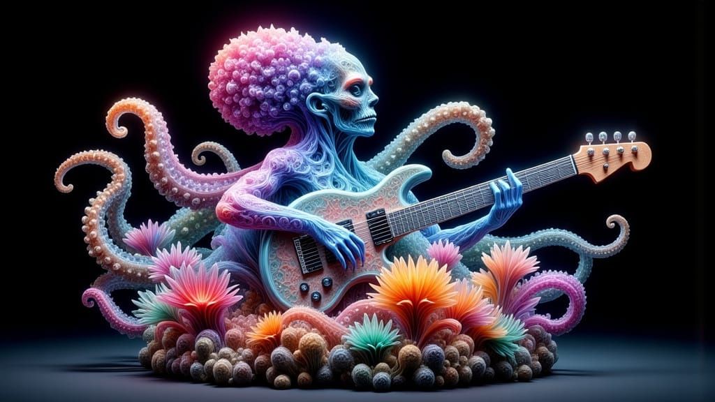 Octopus Sculpture of Sea Glass Playing Guitar