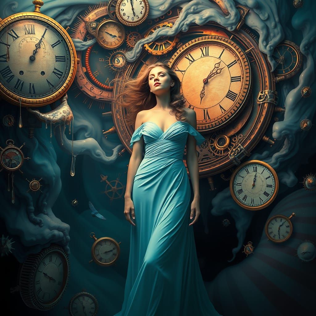 Time Bends Around a Dreaming Woman in a Surrealist Landscape