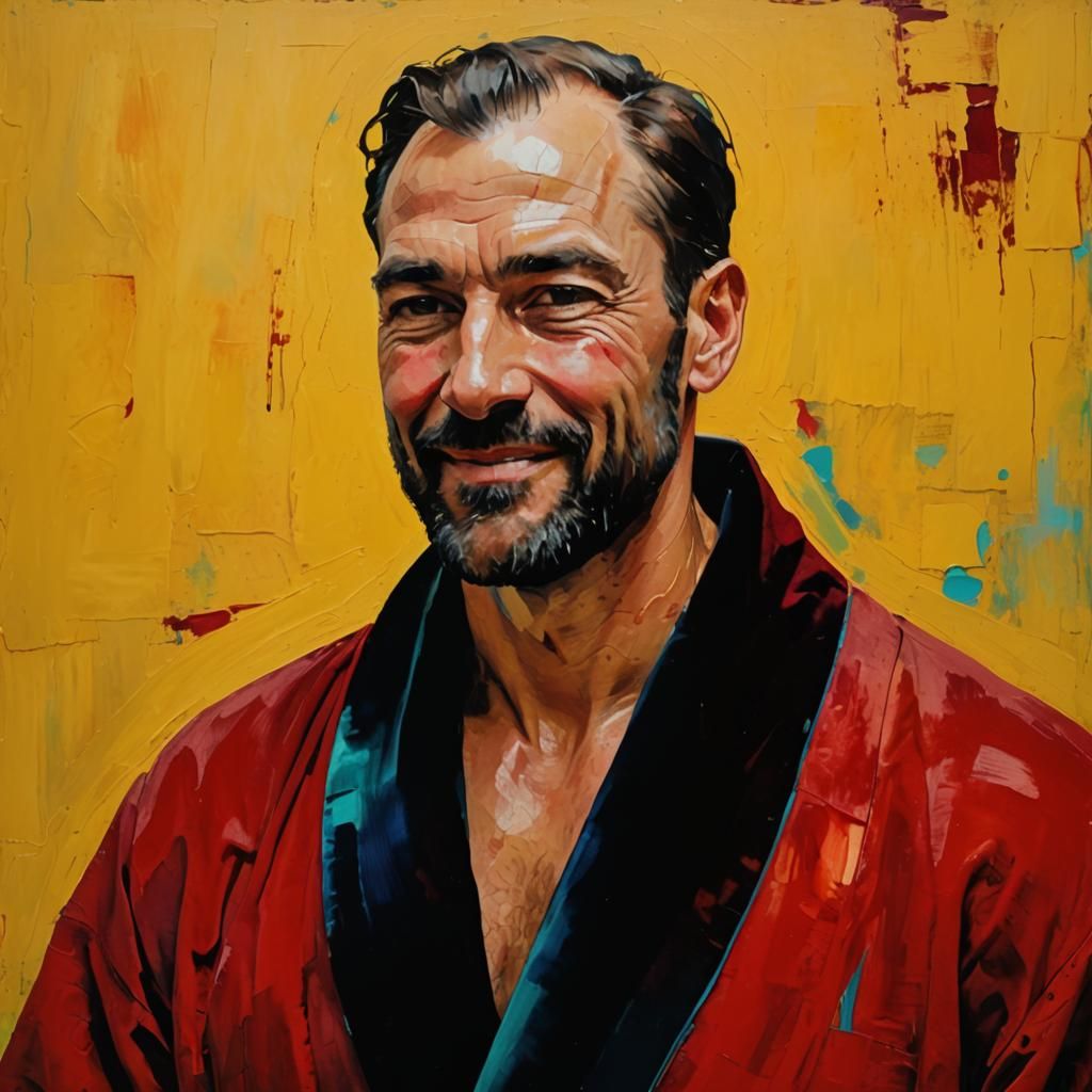 Smiling Man in Burgundy Robe: Neo-Expressionist Impasto Port...