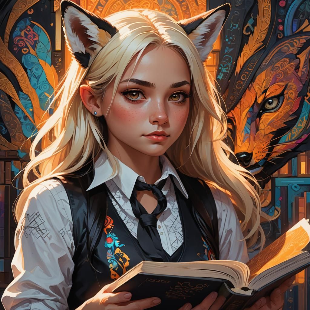 Fox-Eared Girl Portrait in Art Nouveau Style