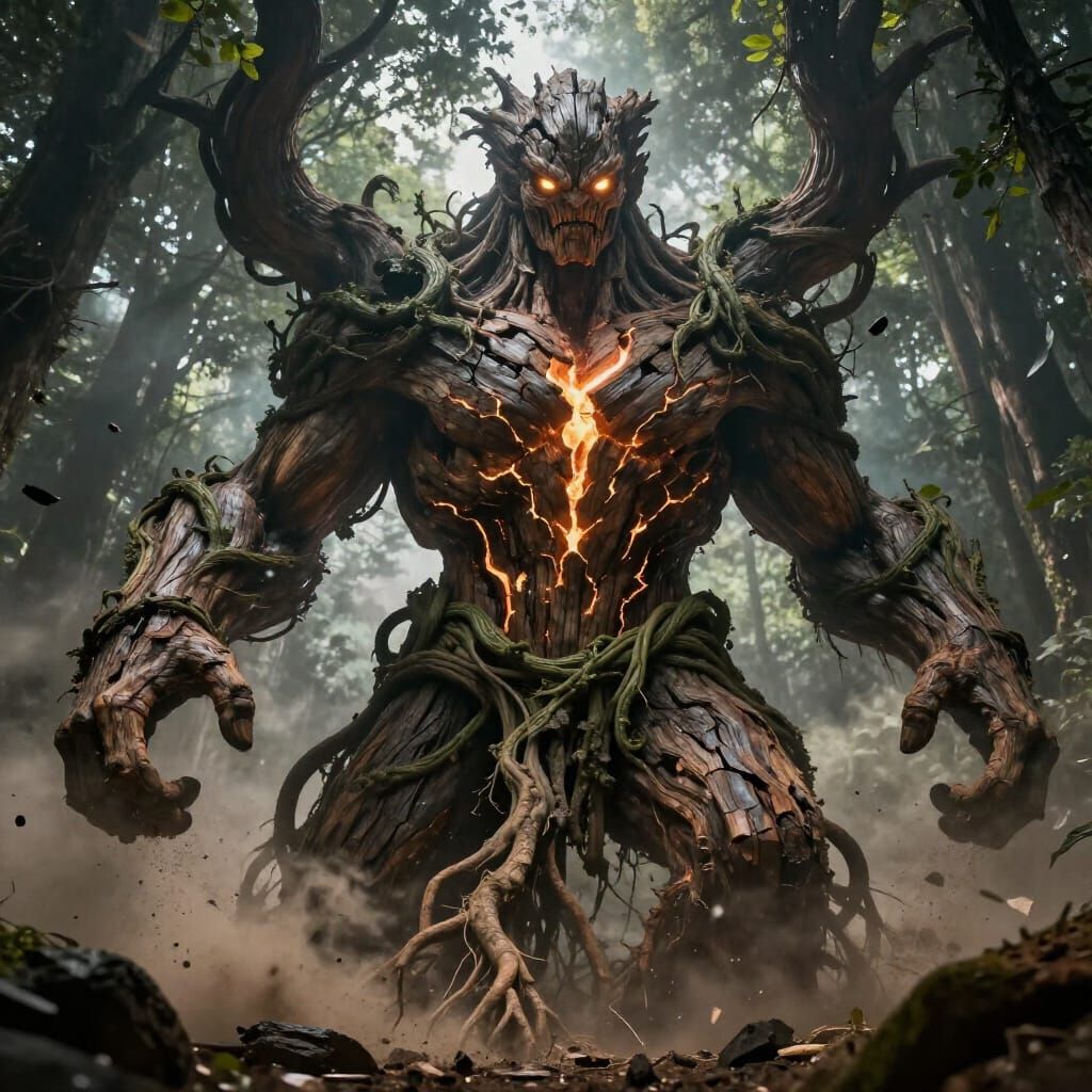 Enraged Tree Giant with Energy Cracks in Cinematic Shot