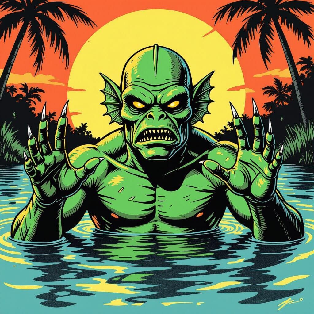 Creature From The Black Lagoon Emerges From Water in Vintage...