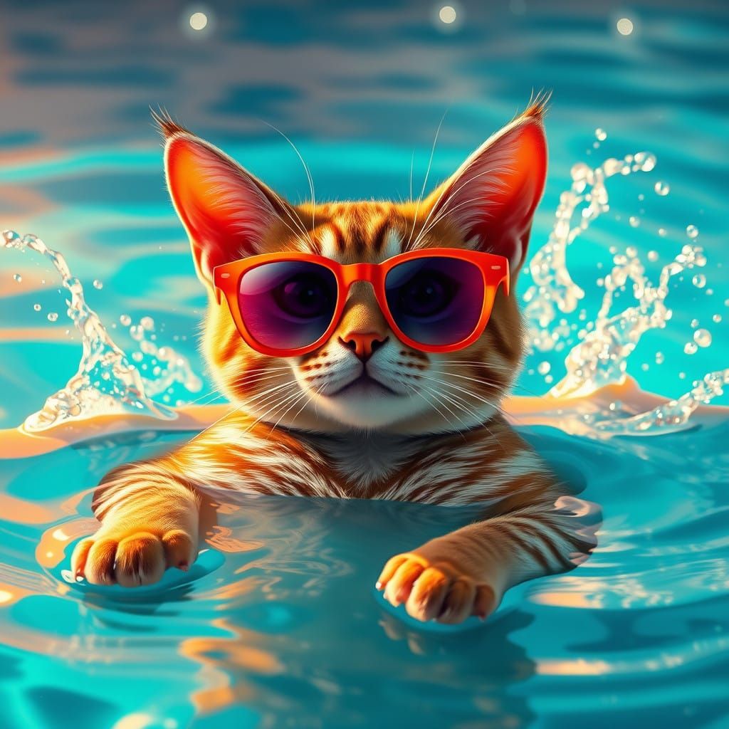 Whimsical Cat in Turquoise Pool Wears Trendy Sunglasses